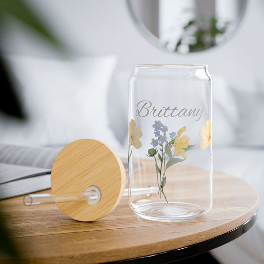 Personalized Floral Sipper Glass, Ideal for Home Decor, Wedding Gift, Summer Parties, Eco-Friendly Drinkware, Custom Name