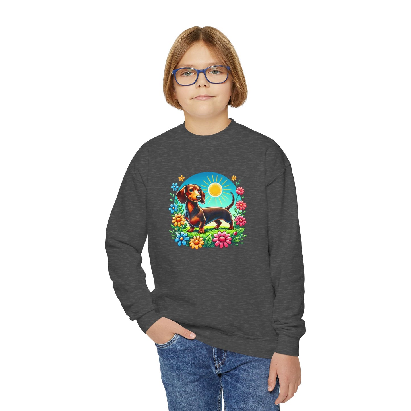 Cute Dog and Flowers Youth Crewneck Sweatshirt, Perfect for Pet Lovers, Spring, Birthday Gift, Cozy Casual Wear