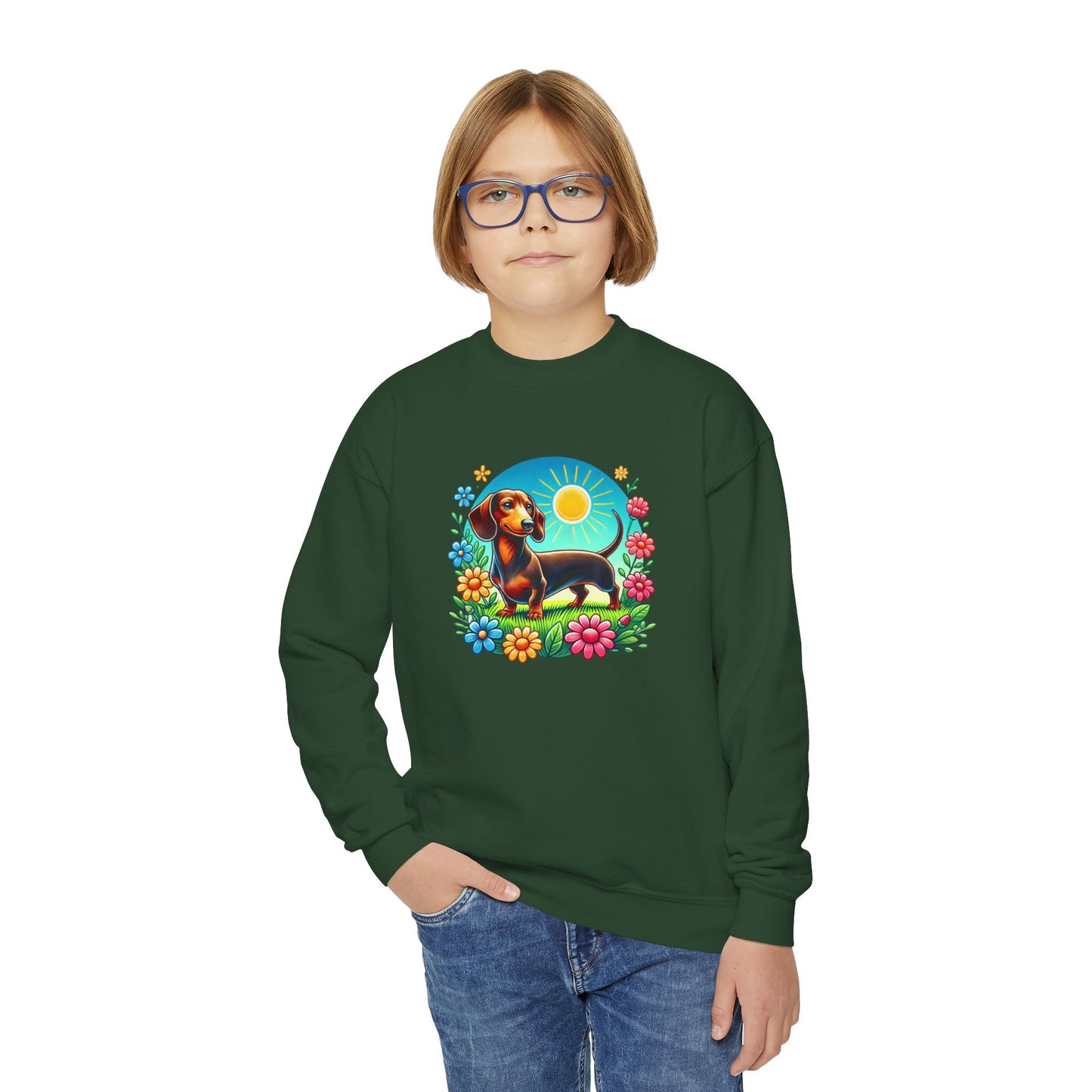 Cute Dog and Flowers Youth Crewneck Sweatshirt, Perfect for Pet Lovers, Spring, Birthday Gift, Cozy Casual Wear