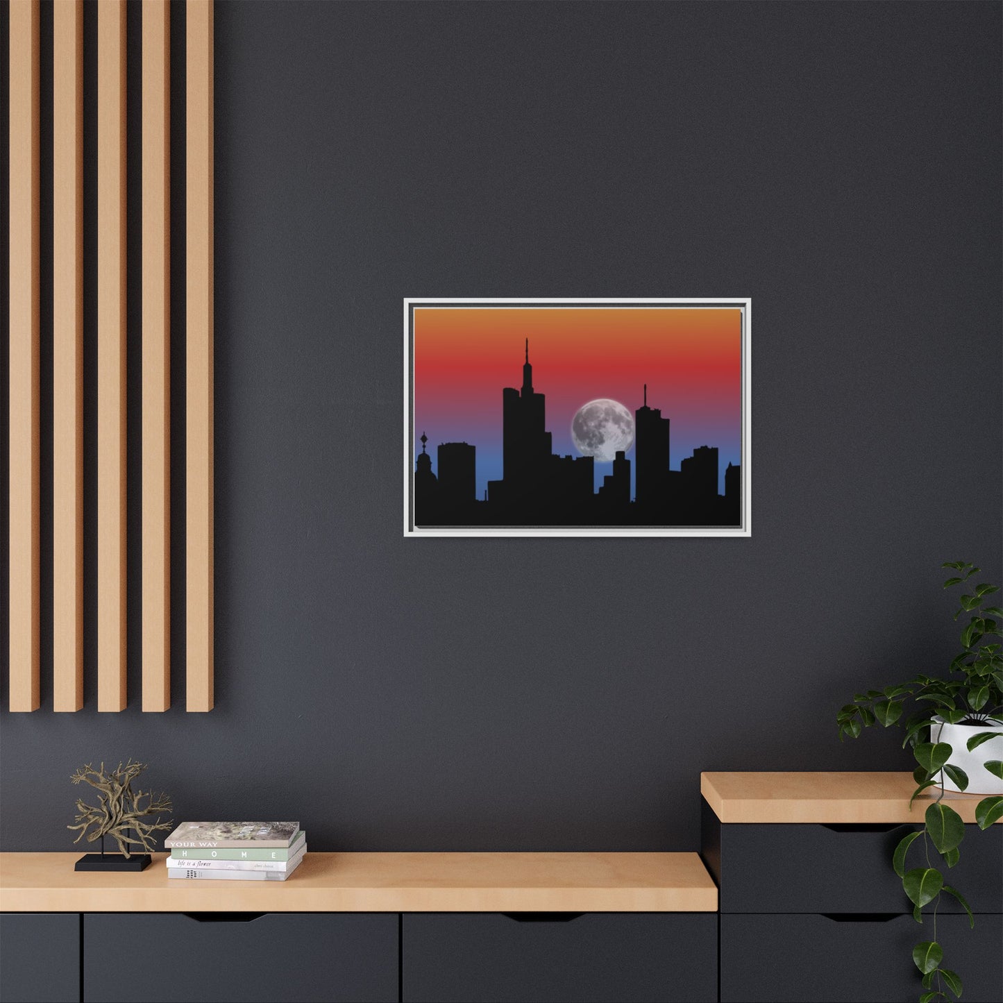 City Skyline Matte Canvas Art, Urban Wall Decor, Nighttime Landscape, Home Office Artwork, Moonlight Cityscape, Gift for Art Lovers