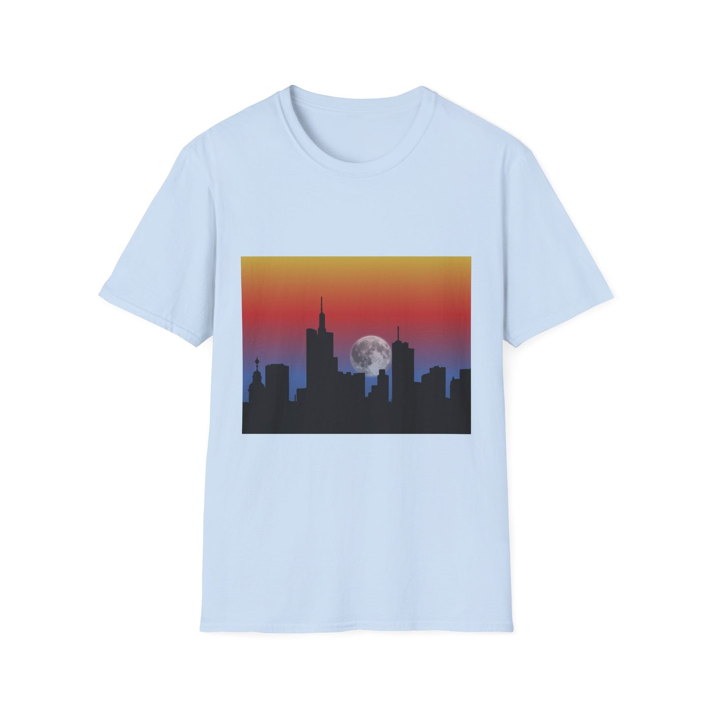 City Skyline Moonrise Unisex Softstyle T-Shirt, Casual Summer Tee, Urban Fashion, Gift for City Lovers, Night-Out Essential, Unique Graphic