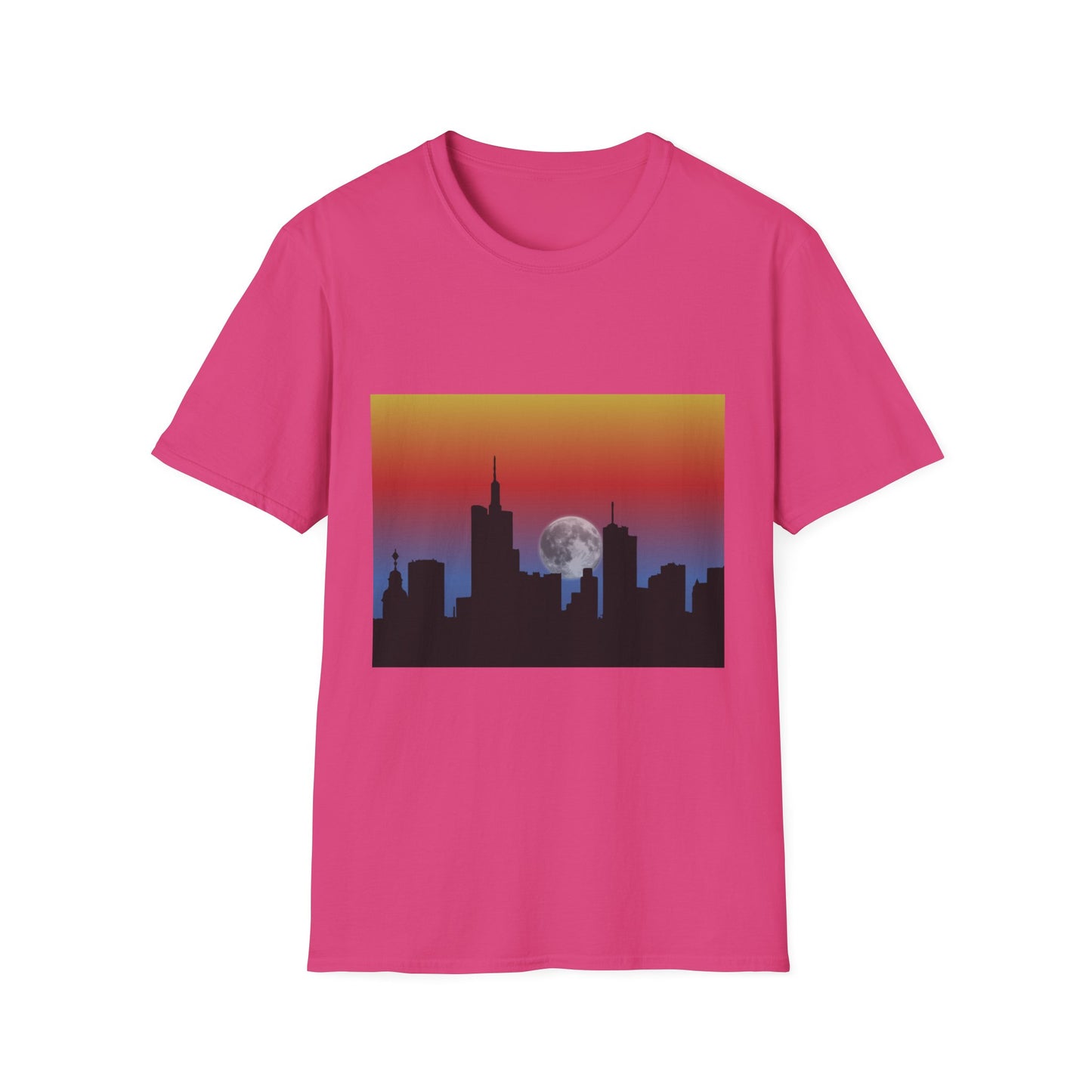 City Skyline Moonrise Unisex Softstyle T-Shirt, Casual Summer Tee, Urban Fashion, Gift for City Lovers, Night-Out Essential, Unique Graphic