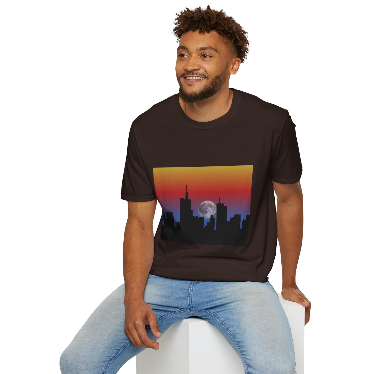 City Skyline Moonrise Unisex Softstyle T-Shirt, Casual Summer Tee, Urban Fashion, Gift for City Lovers, Night-Out Essential, Unique Graphic