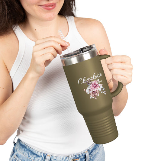 Personalized Insulated Travel Mug, 40oz - Perfect for Coffee Lovers, On-the-Go, Customized Gift, Red Floral Design, Hydration Companion