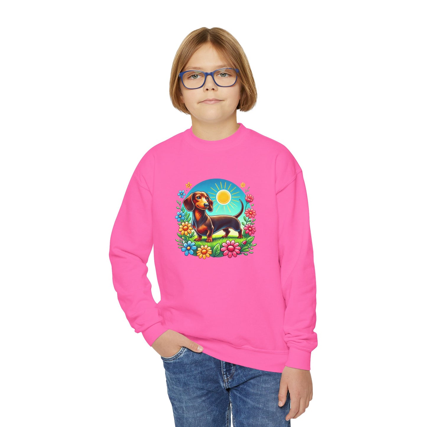 Cute Dog and Flowers Youth Crewneck Sweatshirt, Perfect for Pet Lovers, Spring, Birthday Gift, Cozy Casual Wear