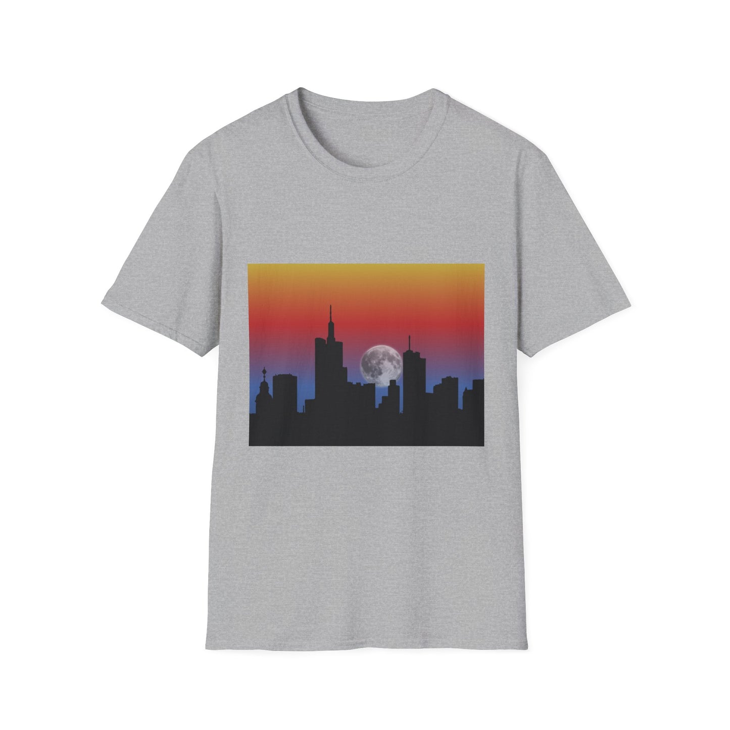 City Skyline Moonrise Unisex Softstyle T-Shirt, Casual Summer Tee, Urban Fashion, Gift for City Lovers, Night-Out Essential, Unique Graphic