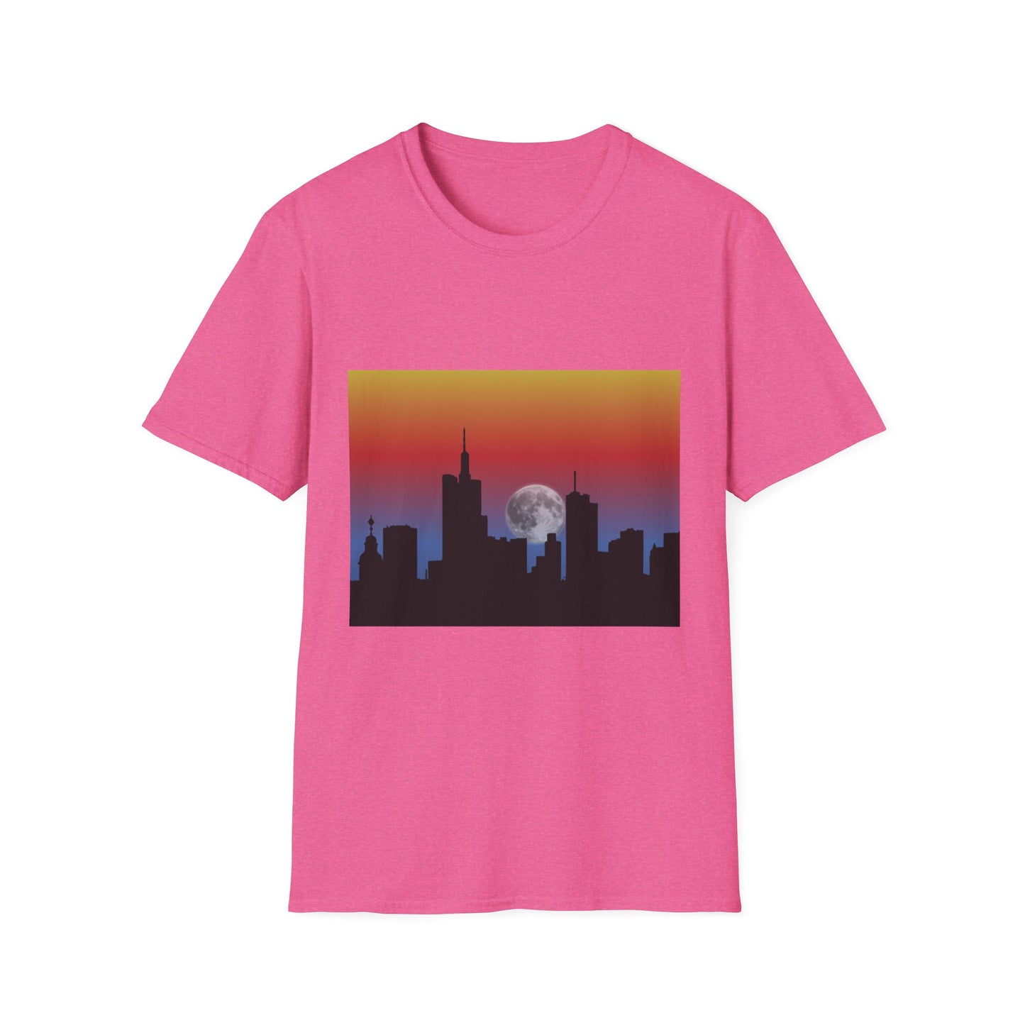 City Skyline Moonrise Unisex Softstyle T-Shirt, Casual Summer Tee, Urban Fashion, Gift for City Lovers, Night-Out Essential, Unique Graphic