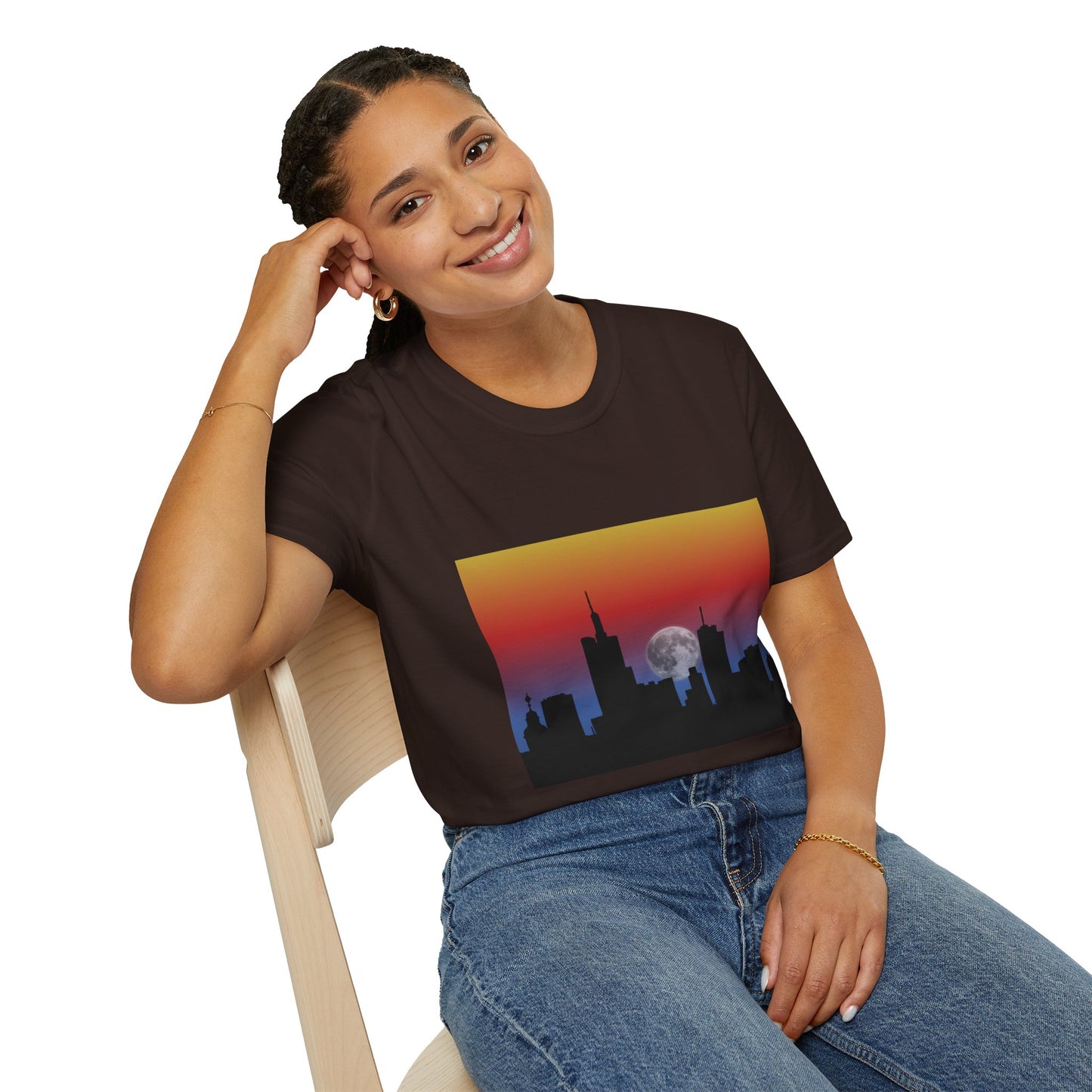 City Skyline Moonrise Unisex Softstyle T-Shirt, Casual Summer Tee, Urban Fashion, Gift for City Lovers, Night-Out Essential, Unique Graphic