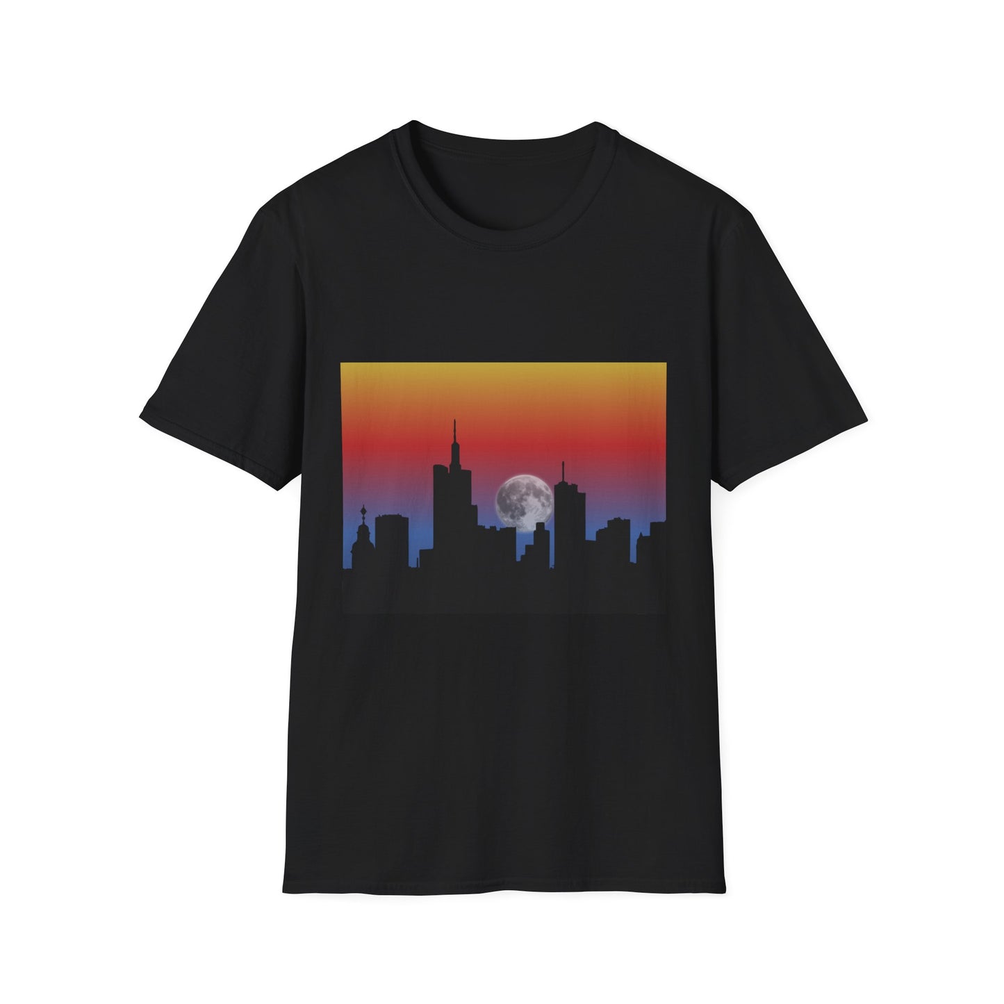 City Skyline Moonrise Unisex Softstyle T-Shirt, Casual Summer Tee, Urban Fashion, Gift for City Lovers, Night-Out Essential, Unique Graphic