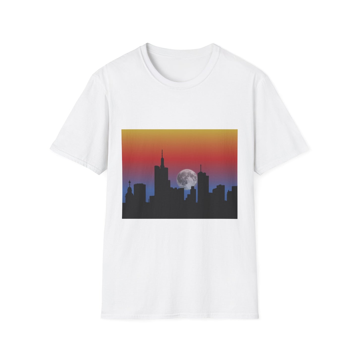 City Skyline Moonrise Unisex Softstyle T-Shirt, Casual Summer Tee, Urban Fashion, Gift for City Lovers, Night-Out Essential, Unique Graphic