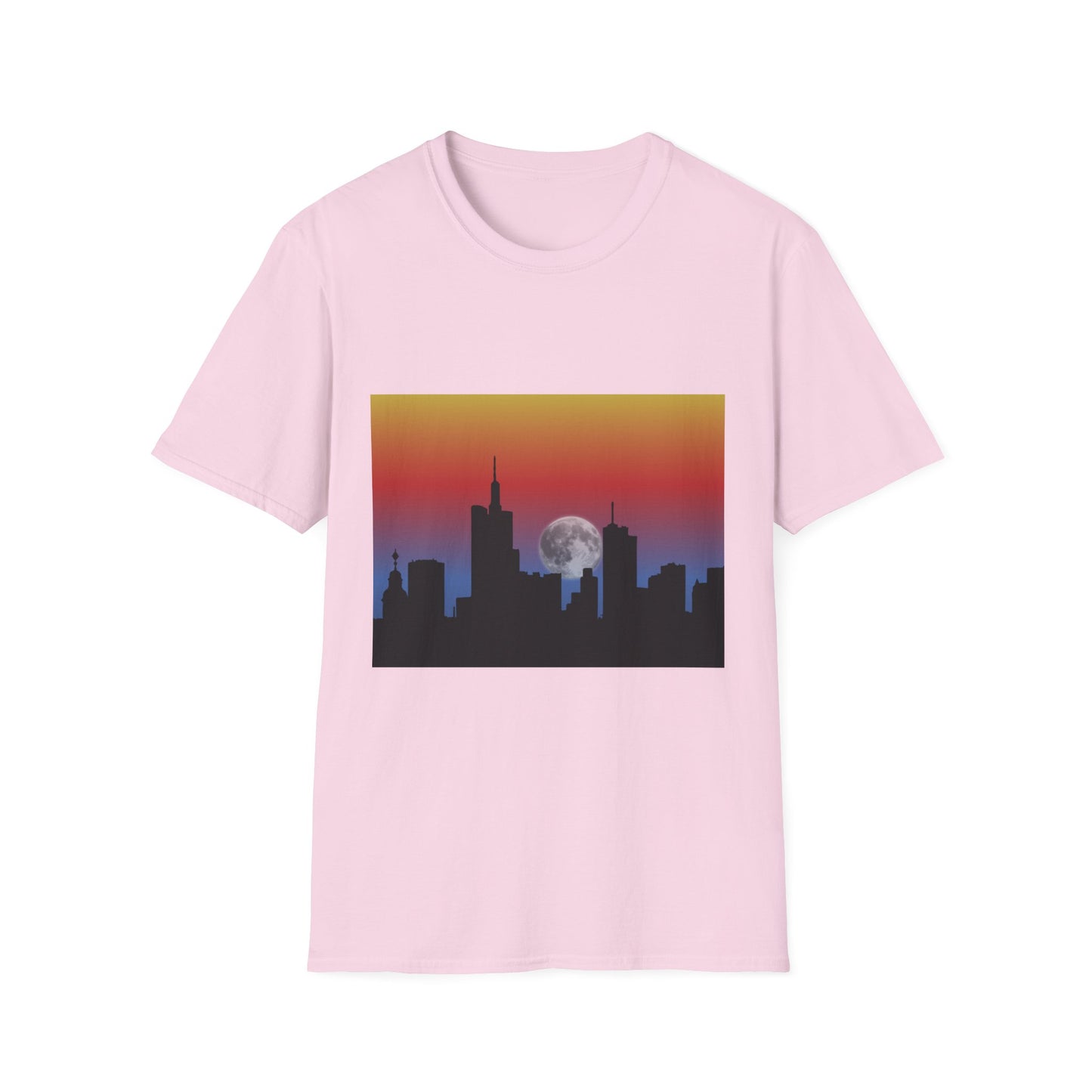 City Skyline Moonrise Unisex Softstyle T-Shirt, Casual Summer Tee, Urban Fashion, Gift for City Lovers, Night-Out Essential, Unique Graphic